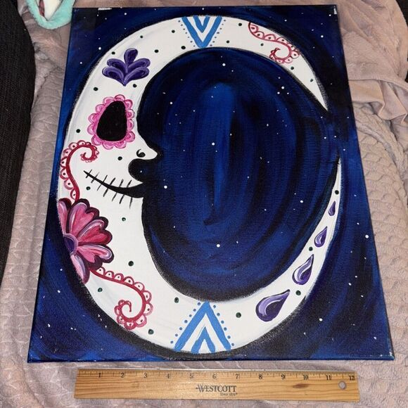 Day of The Dead Spooky Crescent Sugar Skull Moon Acrylic Painting on Canvas - Picture 1 of 10